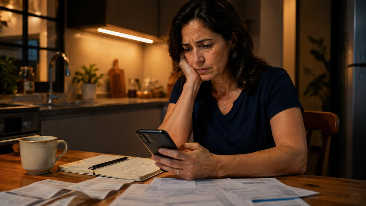 Mulher analisando contas e celular em casa, em uma cena de preocupação financeira cotidiana.