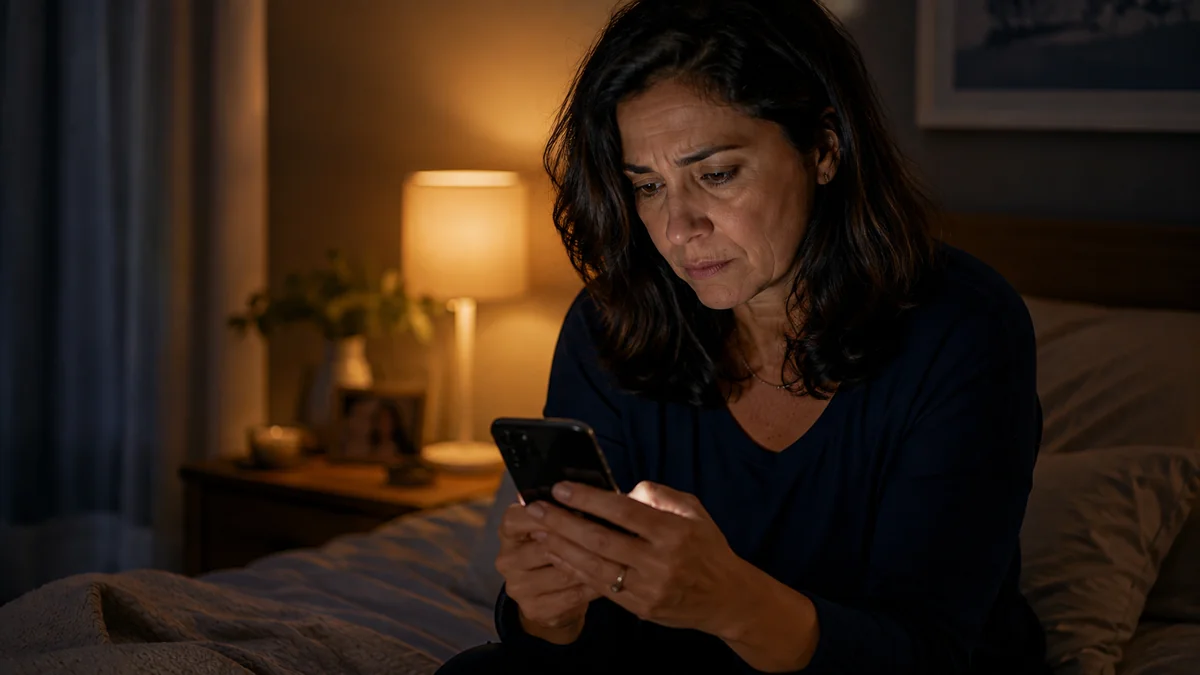 Mulher olhando o celular à noite em um momento de hesitação antes de enviar uma mensagem.